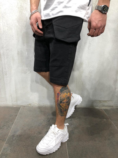 Black Denim Shorts Cargo Pockets 4323