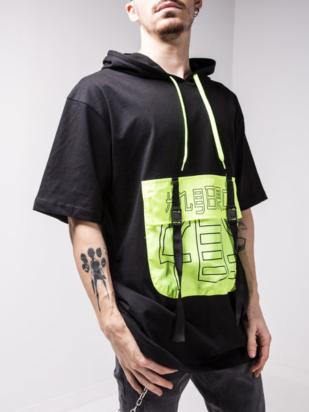 Hooded Black Tshirt With Green Neon Pocket 4644