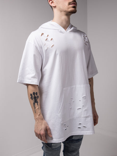 Hooded and Ripped White T-shirt with a Cangaroo Pocket 4645
