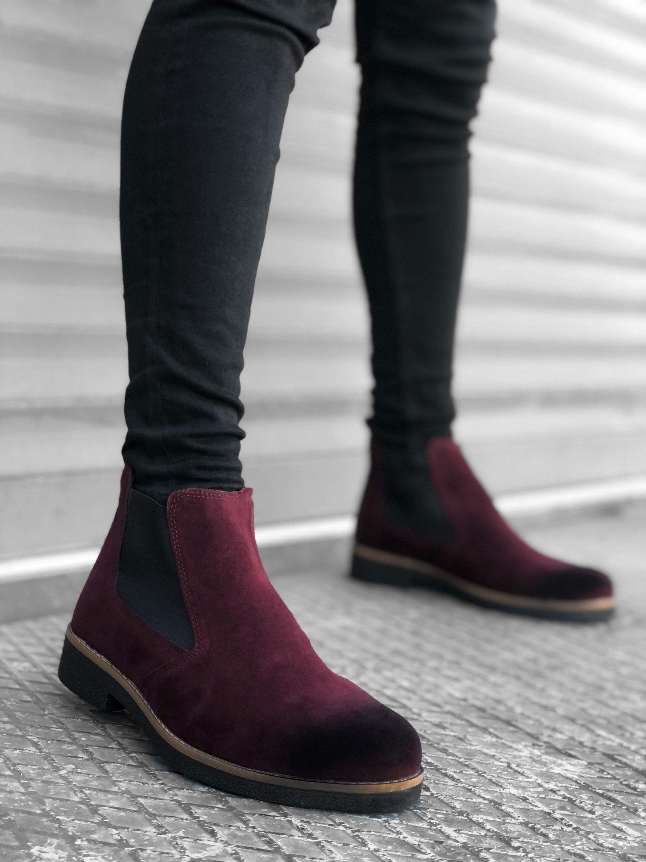 Original Design BA0058 Chelsea Lace-Up Elastic Burgundy Men's Half Ankle Boots - STREET MODE ™