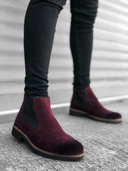 BA0058 Chelsea Lace-Up Elastic Burgundy Men's Half Ankle Boots
