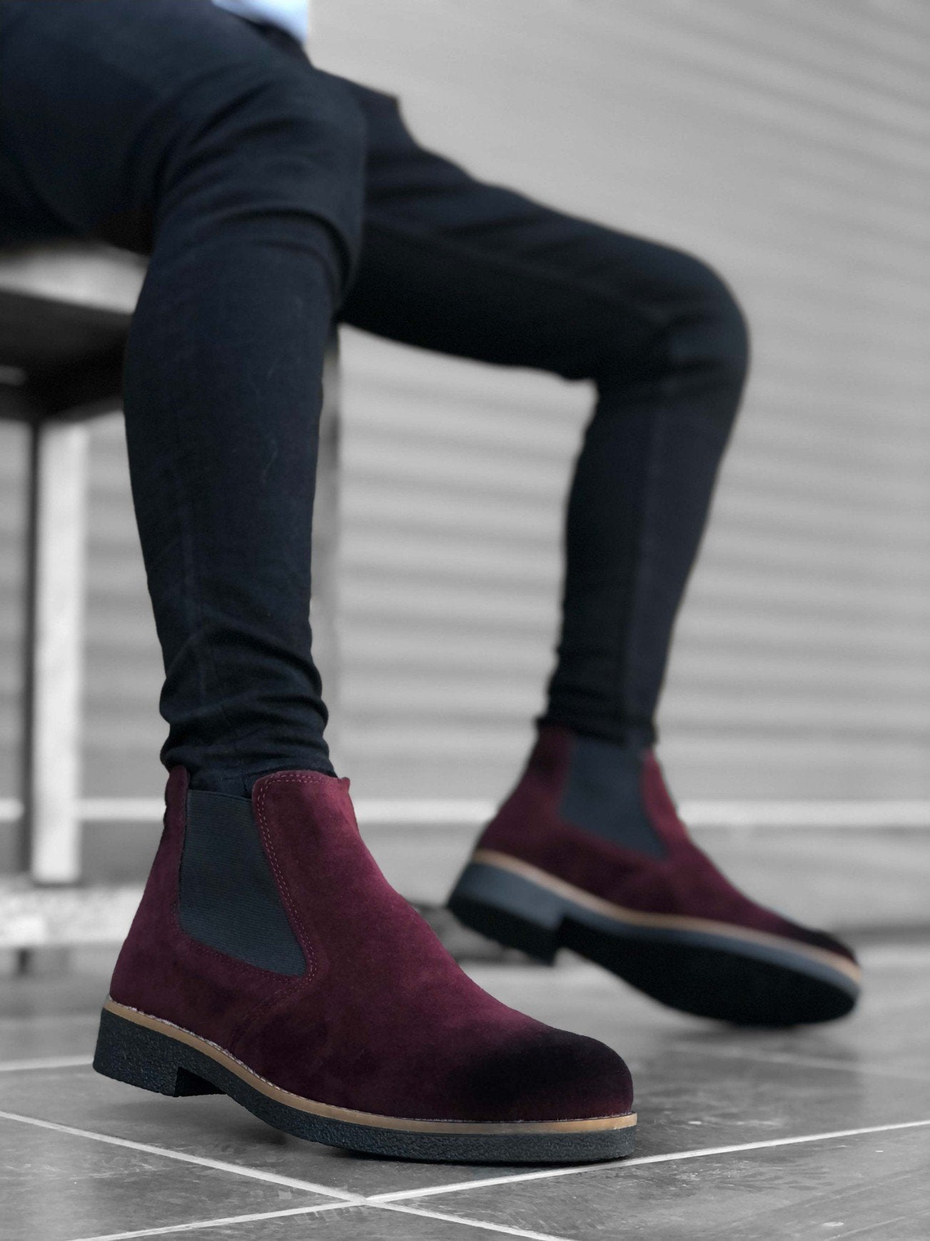Original Design BA0058 Chelsea Lace-Up Elastic Burgundy Men's Half Ankle Boots - STREET MODE ™