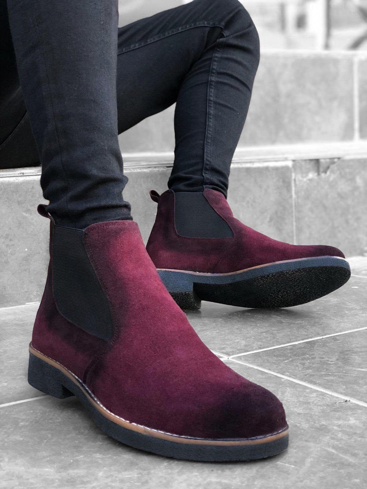 Original Design BA0058 Chelsea Lace-Up Elastic Burgundy Men's Half Ankle Boots - STREET MODE ™