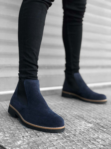 BA0058 Chelsea Lace-Up Elastic Set Navy Blue Men's Half Ankle Boots
