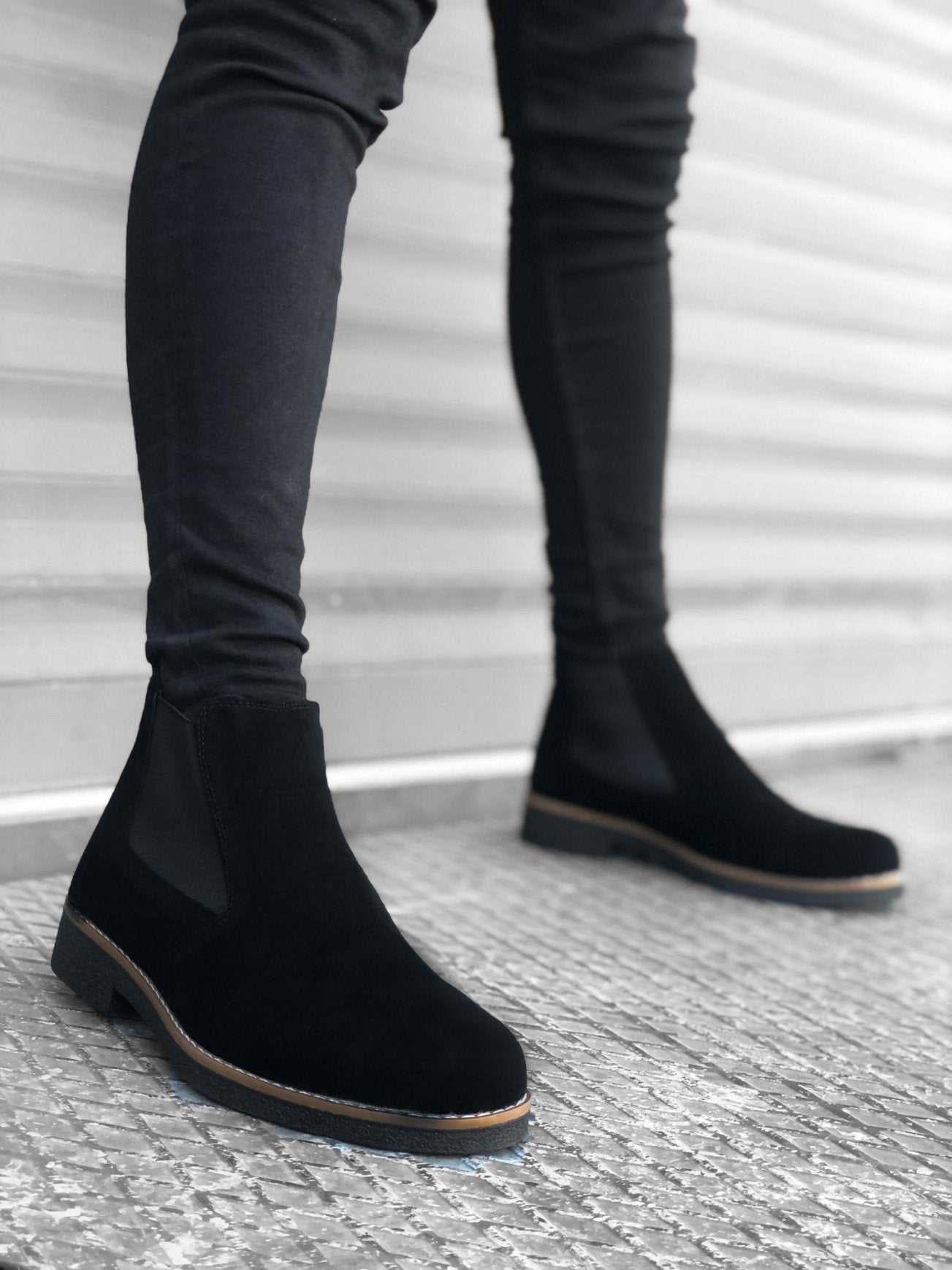 Original Design BA0058 Chelsea Lace-Up Elastic Suede Black Men's Half Ankle Boots - STREET MODE ™