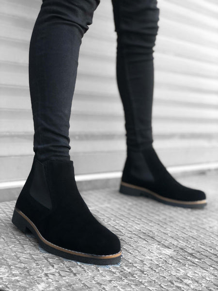 BA0058 Chelsea Lace-Up Elastic Suede Black Men's Half Ankle Boots