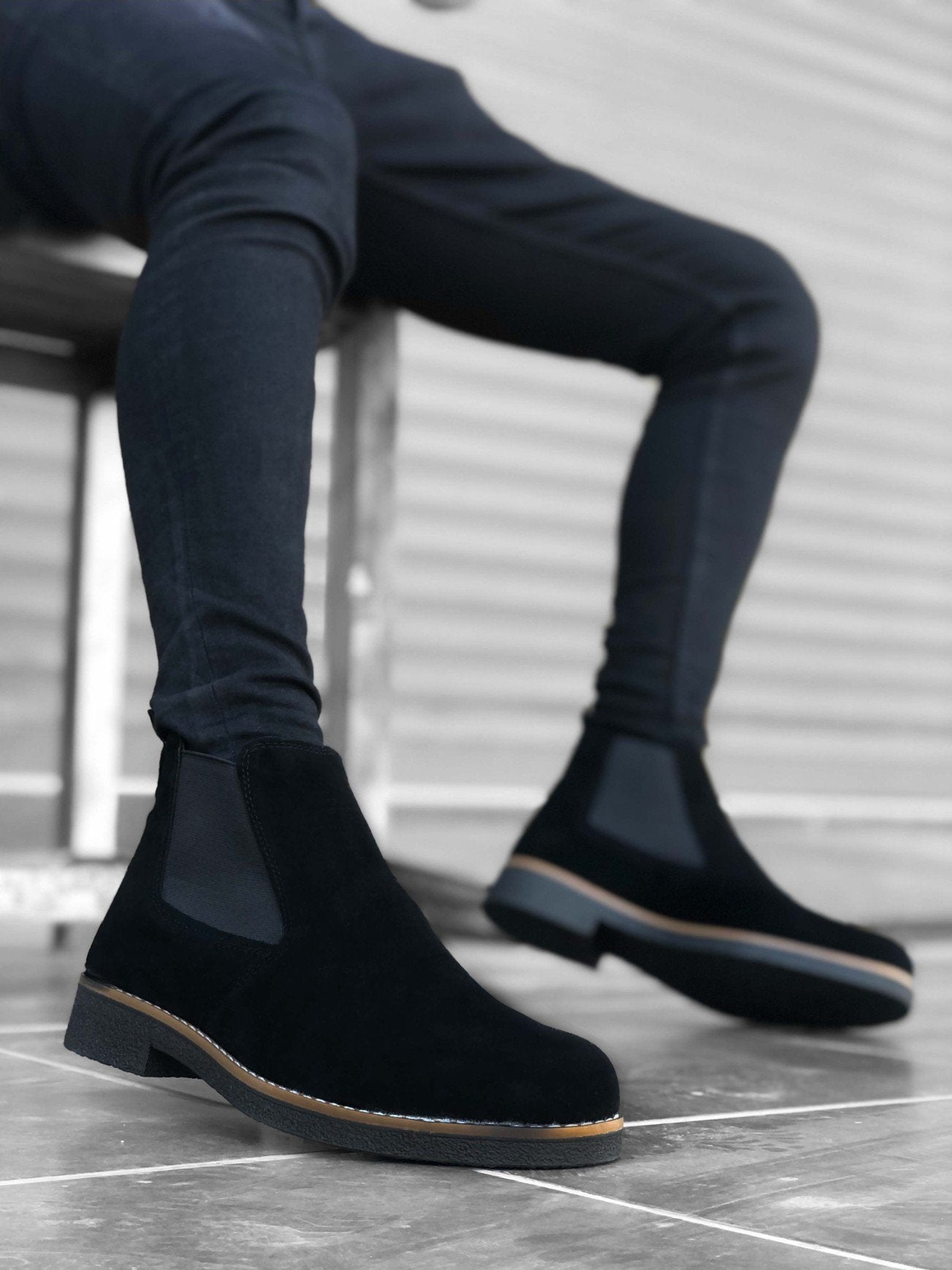 Original Design BA0058 Chelsea Lace-Up Elastic Suede Black Men's Half Ankle Boots - STREET MODE ™