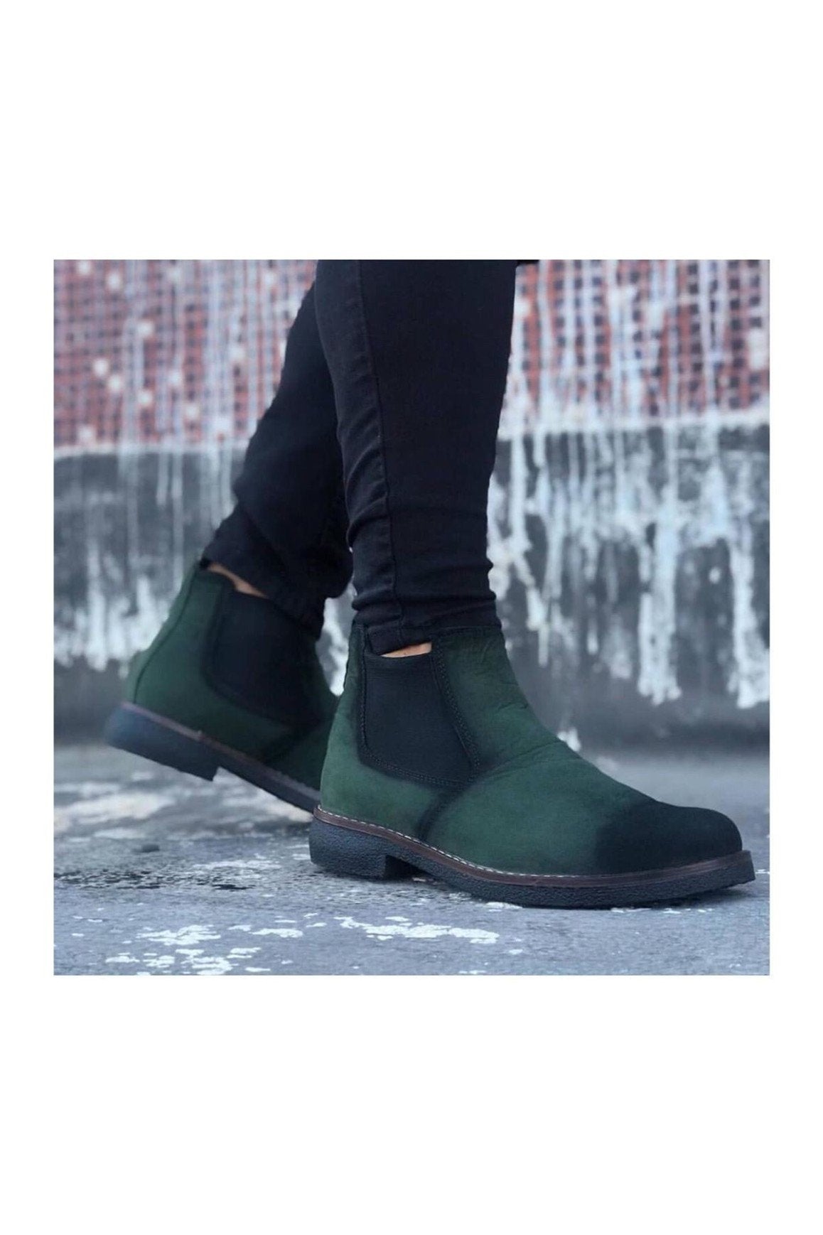 Original Design BA0058 Chelsea Lace-Up Elastic Suede Khaki Green Men's Half Ankle Boots - STREET MODE ™