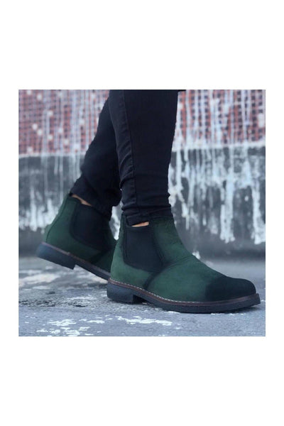 STM Boots BA0058 Chelsea Lace-Up Elastic Suede Khaki Green Men's Half Ankle Boots