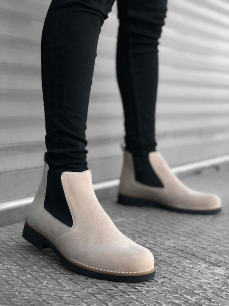BA0058 Chelsea Lace-Up Elastic Tumbled Mink Suede Black Sole Men's Half Ankle Boots