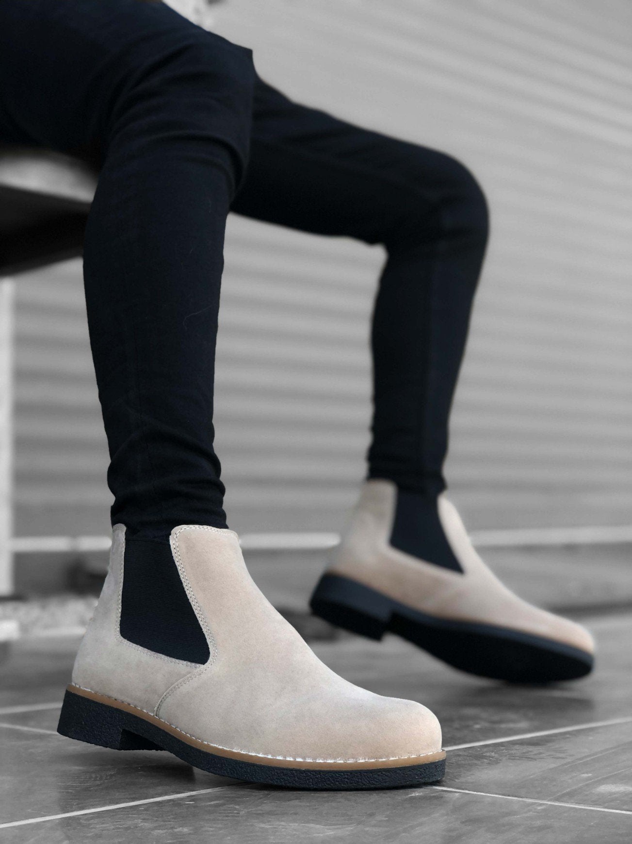 Original Design BA0058 Chelsea Lace-Up Elastic Tumbled Mink Suede Black Sole Men's Half Ankle Boots - STREET MODE ™