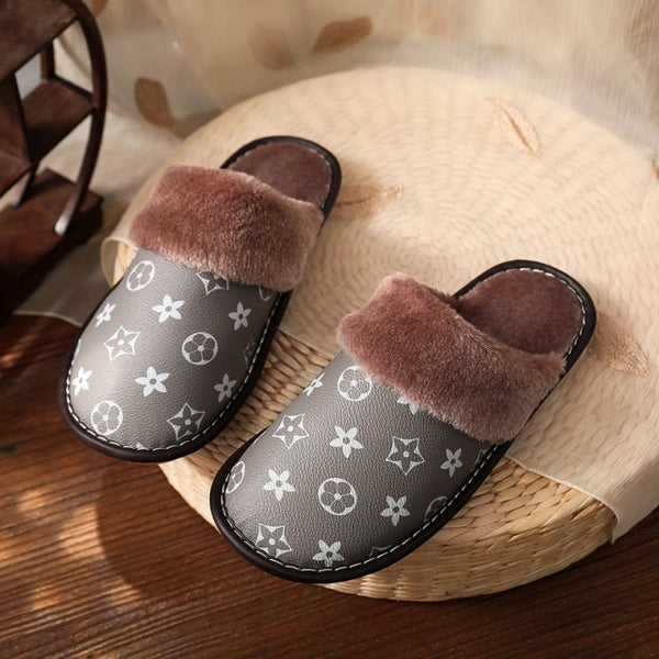 Luxury Waterproof Winter Leather Slippers for Men and Women